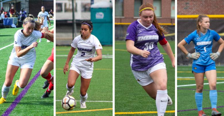 From left to right, Jess Frost, Amanda Benavente, Paige Haley, and Megan Rose all earned NEWMAC All-Conference honors. Photos by Kyle Bray and Anissa Gardizy / Beacon Staff
