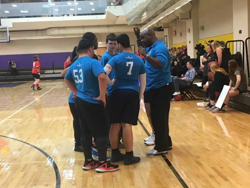 A team huddle during Sundays Special Olympics event at Emerson. Photo: Michael Cerullo/Beacon Correspondent