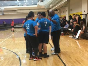 A team huddle during Sunday's Special Olympics event at Emerson. Photo: Michael Cerullo/Beacon Correspondent