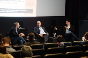 From left to right: Sandy Herz, Al Jaffe, Steve Montag discussed the sports broadcasting business. Photo: Dylan Rossiter/Beacon Staff