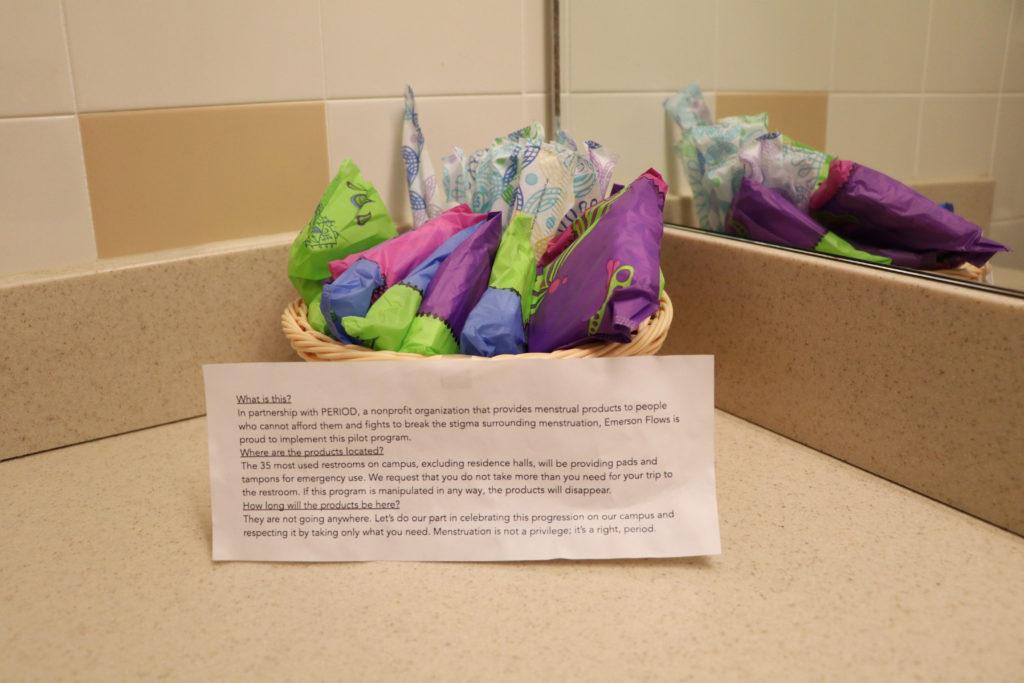 Tampons and pads are available for free in some of the restrooms on campus. Photo: Lala Thaddeus / Beacon Staff