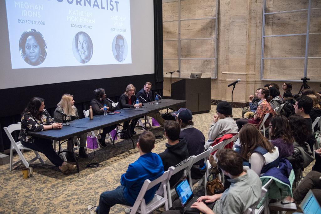Panelists answer questions raised by student journalists in the Bill Bordy Theatre. Photo: Daniel Peden / Beacon Staff