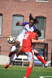 Darius Boamah challenges for the ball in Emerson's 1-0 loss to WPI. Photo: Abbey Finn/Beacon Correspondent.