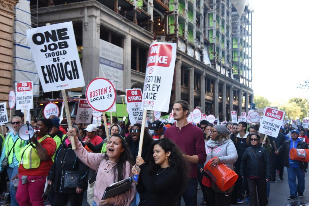 Marriott workers on strike march through Tremont Street. Photo by Shafaq Patel/ Beacon Staff
