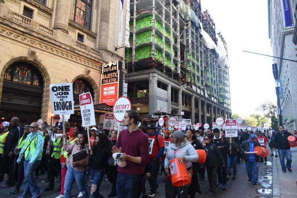 Marriott workers on strike march through Tremont Street.  Photo by Shafaq Patel/Beacon Staff