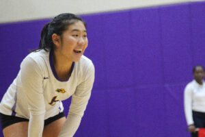 Lauren Quan places second amongst all freshman in the NEWMAC in digs with 190. Photo by Anissa Gardizy / Beacon Staff