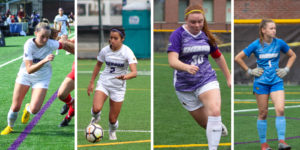 From left to right, Jess Frost, Amanda Benavente, Paige Haley, and Megan Rose all earned NEWMAC All-Conference honors. Photos by Kyle Bray and Anissa Gardizy / Beacon Staff