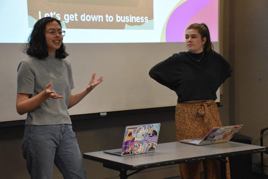 Madeline Hoffman (left) and Emma Giulianti (right) running an EVVYs meeting. EVVY38 will not use gendered awards. Photo by Anissa Gardizy / Beacon Staff