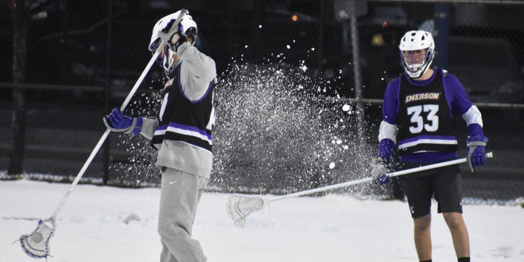 The mens lacrosse team practices despite the frigid temperatures at Rotch Field. Photo by Abbey Finn / Beacon Correspondent