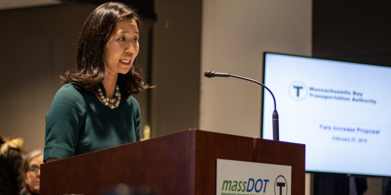 Michelle Wu addresses an MBTA meeting in February 2019

