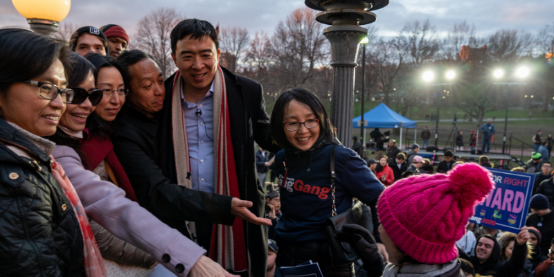 Presidential candidate Andrew Yang speaks on Boston Common in the first campaign stop in his Humanity First tour. Photo by Daniel Peden / Beacon Staff