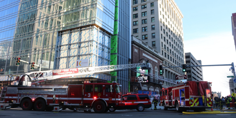 BFD trucks blocked off traffic heading southbound at the Stuart and Tremont Streets intersection. Tomas Gozalez / Beacon Staff