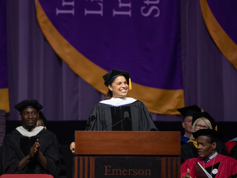 Soledad O'Brien speaking to graduates during 2019's commencement ceremony.