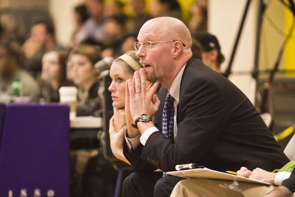Emerson womens basketball coach Bill Gould during a game in 2016. Photo: Evan Walsh / Beacon Archive