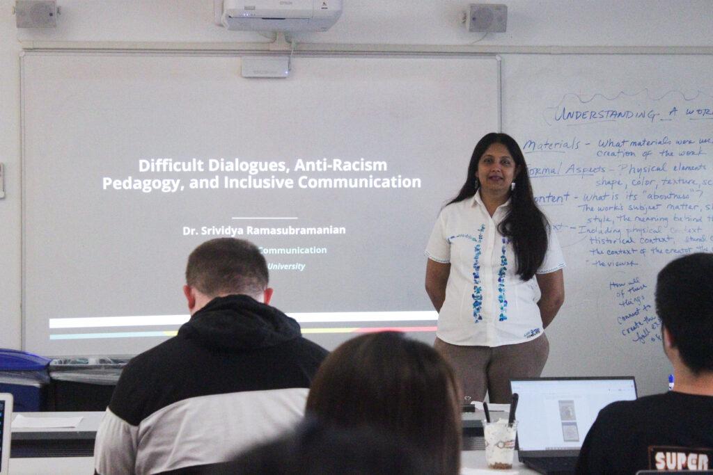 Dr. Ramasubramanian speaks about her Difficult Dialogues Initiative to room of Emerson graduate students. Irka Gonzalez / Beacon Correspondent 