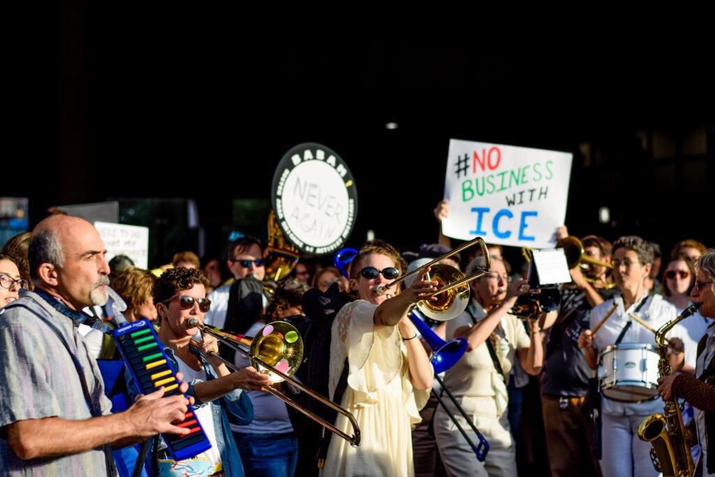 Protesters began in downtown Boston and marched across the Longfellow bridge to arrive at Bostons Amazon Headquarters in Cambridge. Jakob Menendez / Beacon Staff