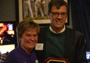 Athletic Director Pat Nicol (left) stands next to Heart of a Lion award winner Peter Loge '87 on Saturday, Nov. 2. Domenic Conte / Beacon Staff