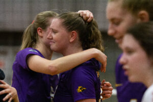 Junior outside hitter Grace Tepper (center) recorded 23 kills in the Lions win against MIT. Rachel Lo / Beacon Staff