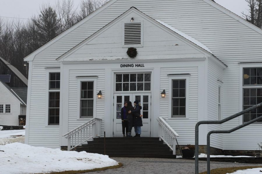 Students gather outside Marlboro Colleges dining hall after an emergency board of trustees meeting in early December 2019.  