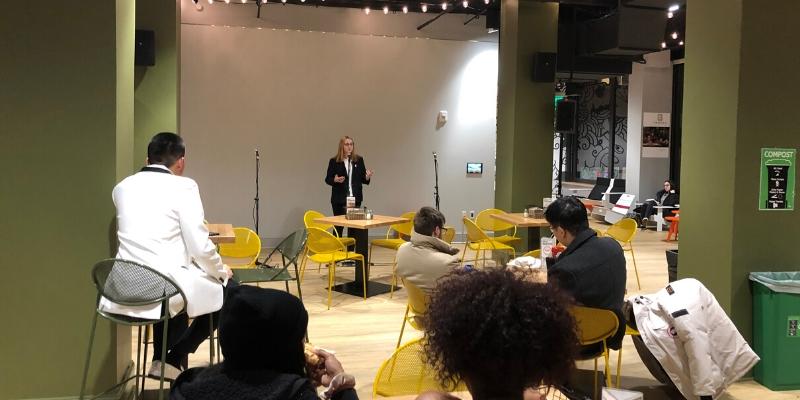 LGBTQIA+ Commissioner Lily Fitzherbert delivers a speech to students attending Thursdays candidate press night.