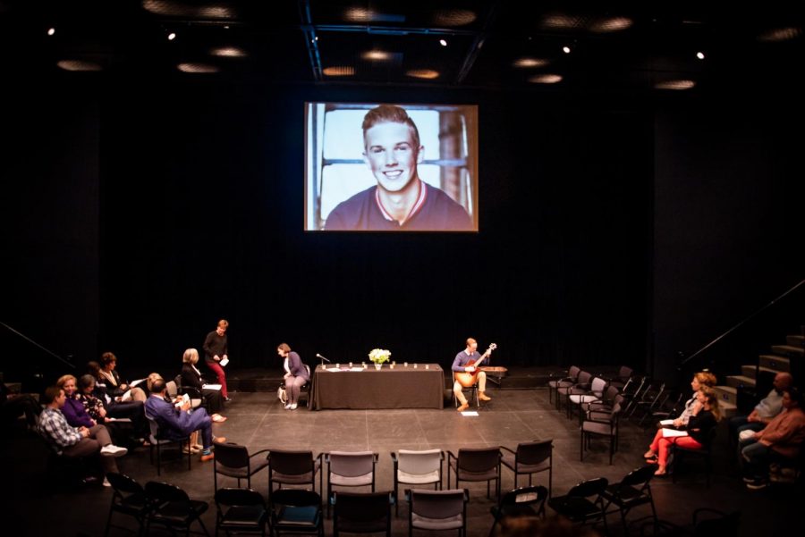 Community+members+gathered+in+the+Semel+Theatre+to+mourn+sophomore+Daniel+Hollis+on+October+3.+2019.