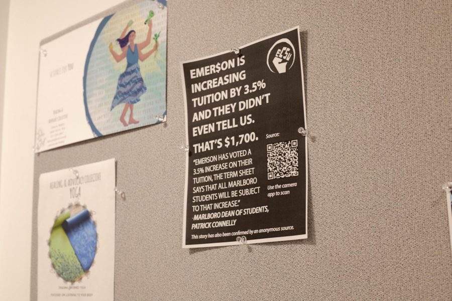 The Emerson College Student Union posted flyers around campus and invited students to call members of the Bard of trustees to oppose the increase. Photo credit: Dana Gerber