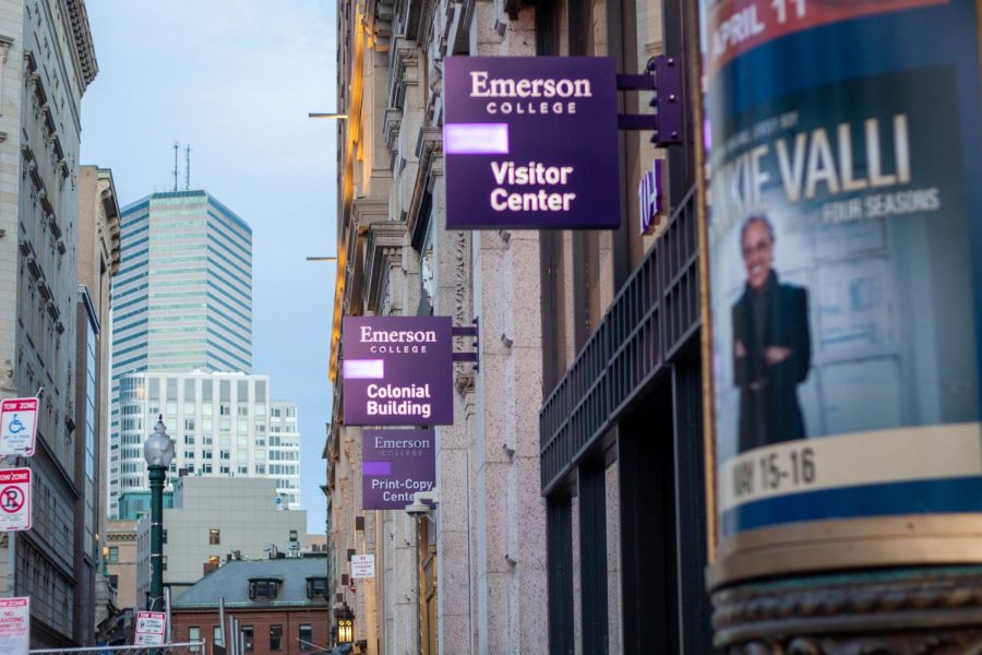 A view of Emersons campus buildings from the Boylston St. sidewalk.