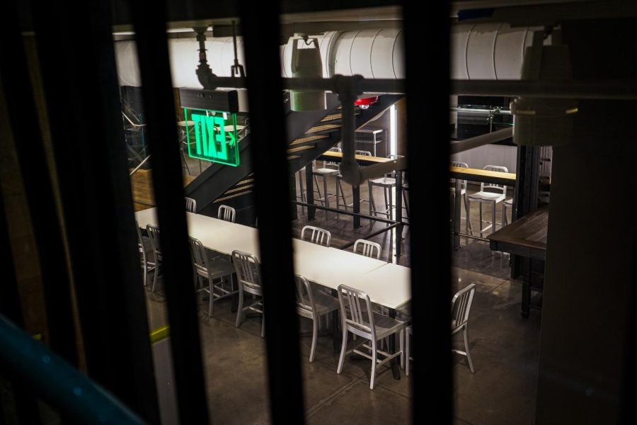 A view of Emersons Dining Center from the Boylston Place alley.