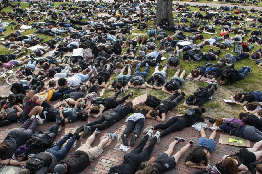 Hundreds of protestors on Wednesday laid face-down for a die-in on Boston Common for 8 minutes and 46 seconds, in solidarity with the time officer Derek Chauvin knelt on the neck of George Floyd, resulting in his death. 