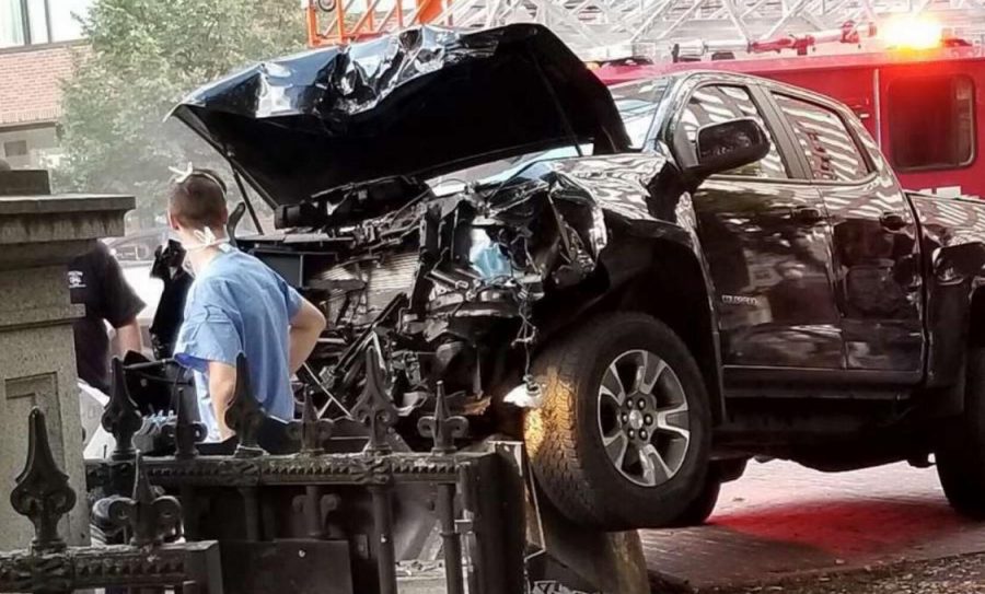 The black Chevy colorado pickup truck crashed into the Public Garden Thursday afternoon. 