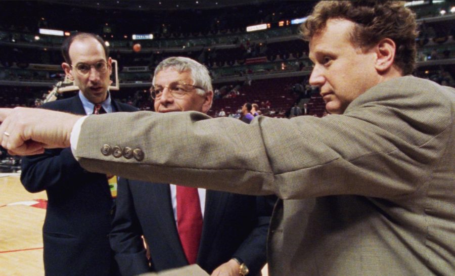 During production of The Last Dance, Gregg Winik (right), current NBA Commissioner Adam Silver (left) and former NBA Commissioner David Stern prior to Game 5 of the 1998 NBA Finals.
