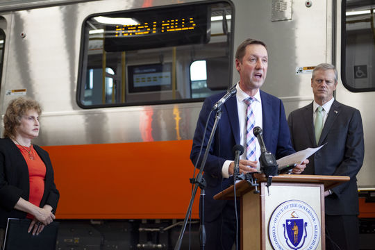 MBTA General Manager Steve Poftak speaking with members of the media at an event on August 14, 2019. 