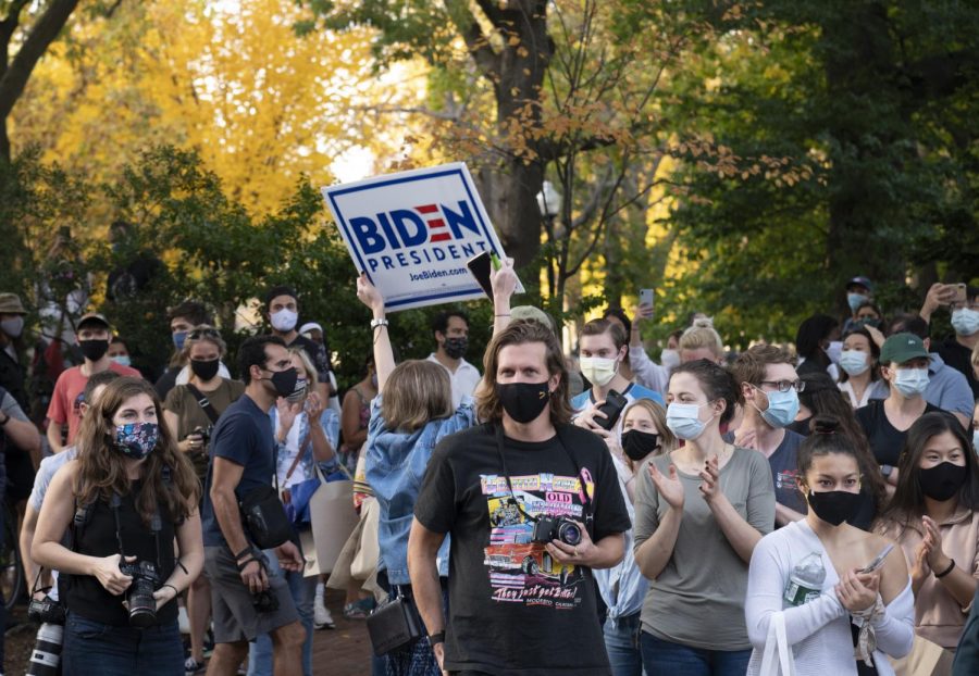 Hundreds of people flooded the streets next to the Boston Public Garden to celebrate Joe Biden being elected as President on Nov. 7.