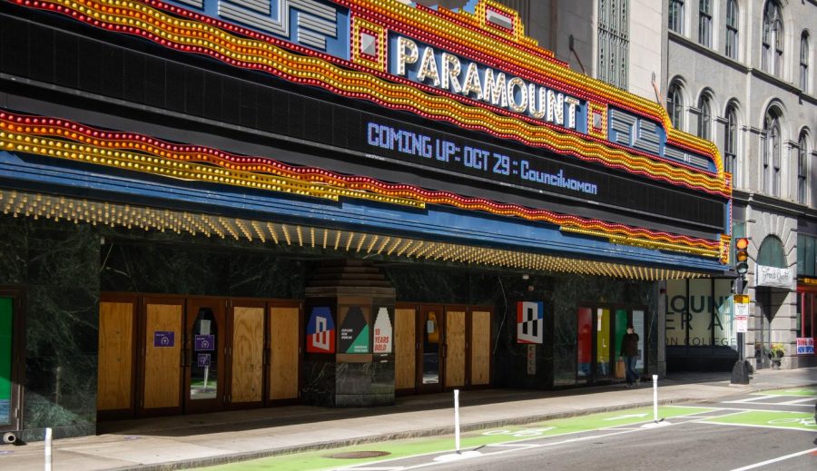Boarded up entrances to the Paramount Theatre.