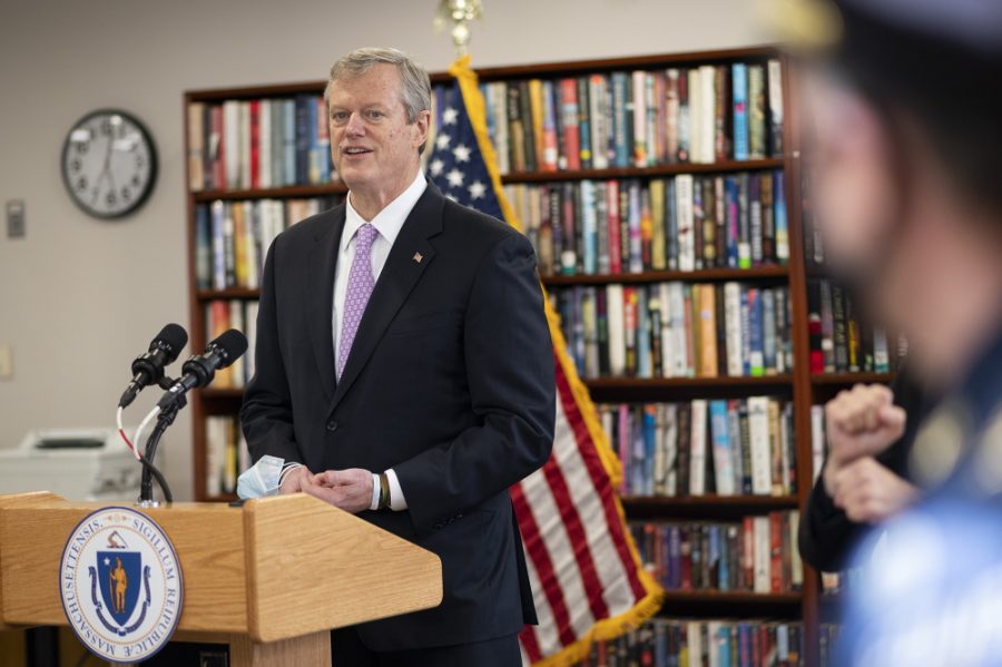Gov. Charlie Baker provides a COVID-19 update while touring the first responder vaccination site at the Worcester Senior Center on Tuesday, January 12, 2021.