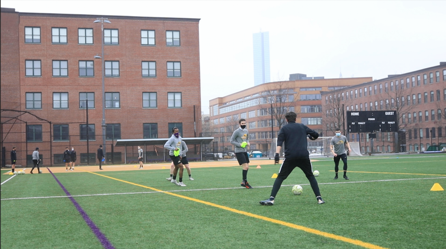 The men's soccer team trains at Rotch Field in the South End three times per week.