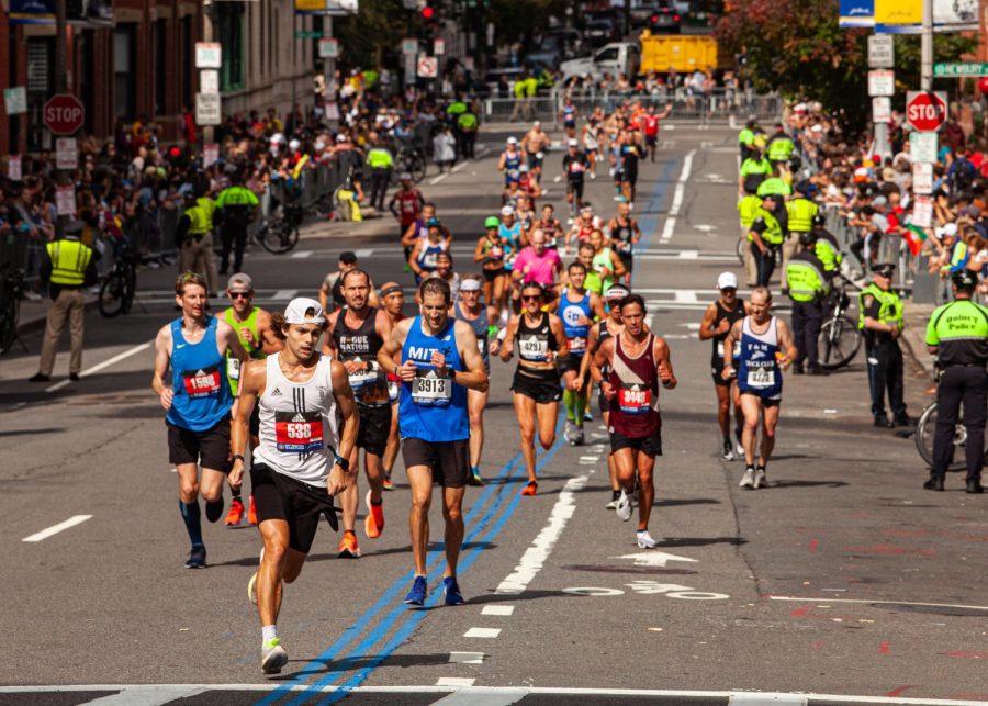 Runners on Boylston Street during the 125th Boston Marathon