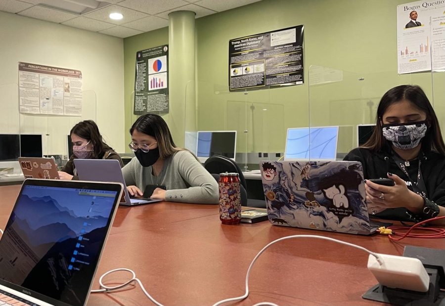 Students sit in a computer lab. 