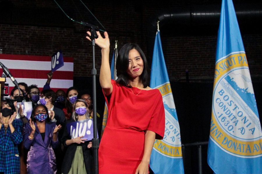 Michelle Wu greets supporters after winning the mayoral election on Nov. 2. 