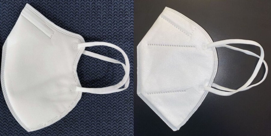 Greencare KN95 masks (left), which college officlals said they provided faculty, and the masks obtained by Beacon staffers (right)