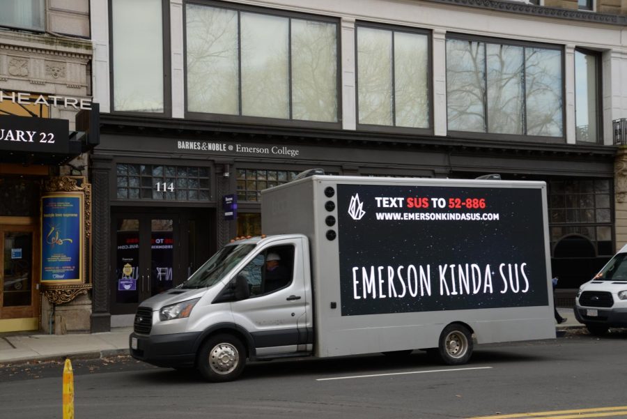 FIRE%2C+working+with+Emersons+chapter+of+TPUSA%2C+hired+a+truck+with+the+phrase+Emerson+Kinda+Sus+to+circle+Emersons+Boston+campus.