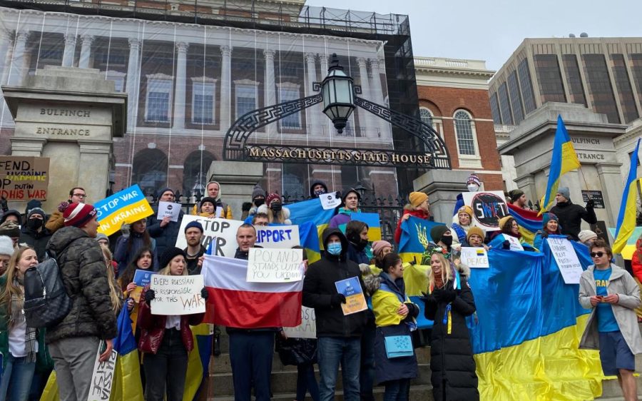 Pro-Ukraine demonstrators at the Massachusetts State House on Thursday