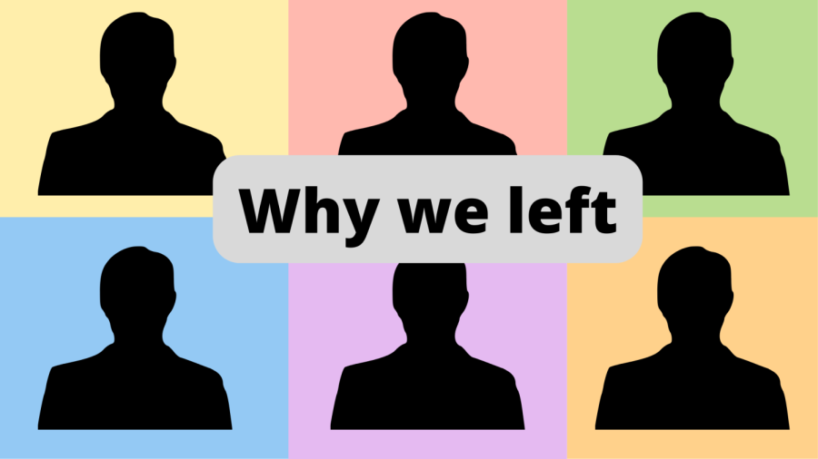 Digital graphic of six different-colored squares with silhouettes of peoples heads to represent the staff members in this article. A label in the middle reads Why we left