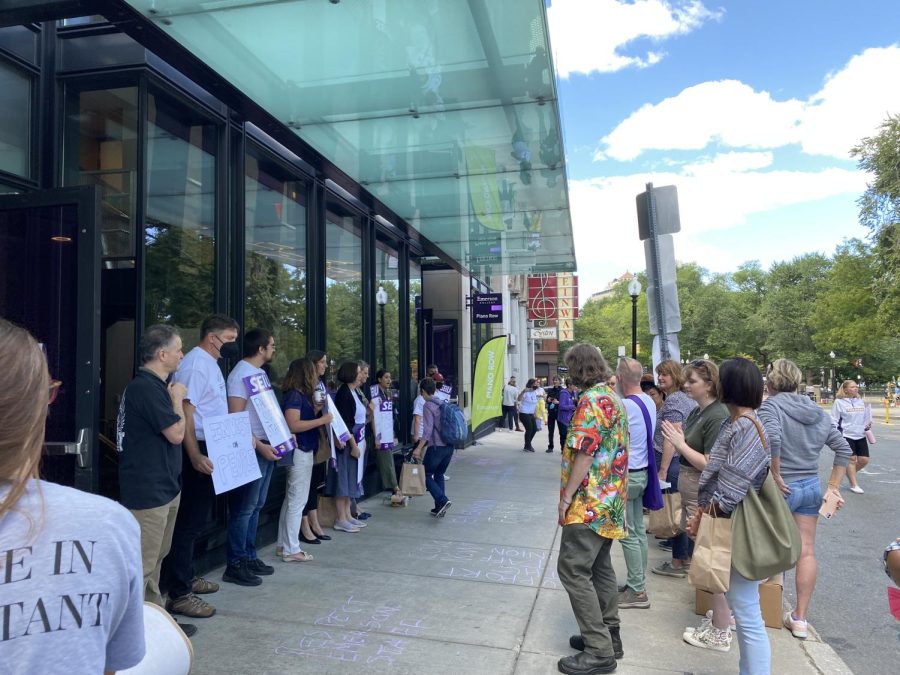 The Emerson Staff Union demonstrates outside of Piano Row following the Faculty Institute.