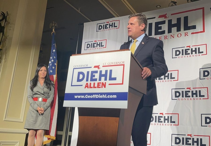 Geoff Diehl gives his concession speech alongside running-mate Leah Allen.