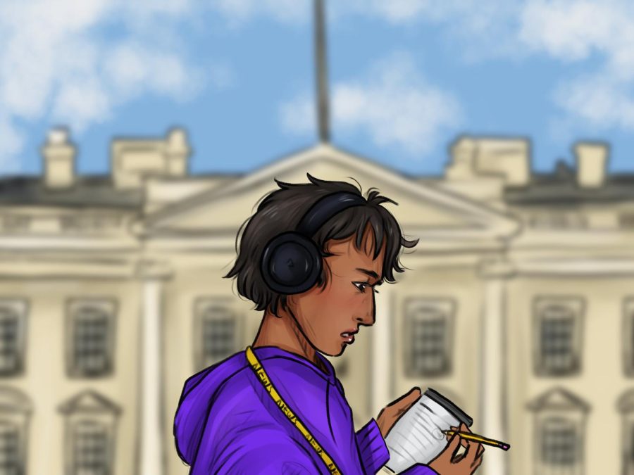 Intern taking notes in front of the White House. 

