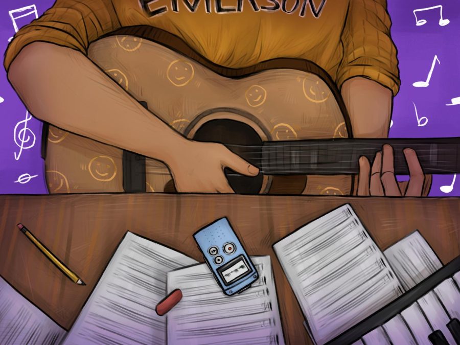 Illustration+of+guitar+player+and+music+sheets