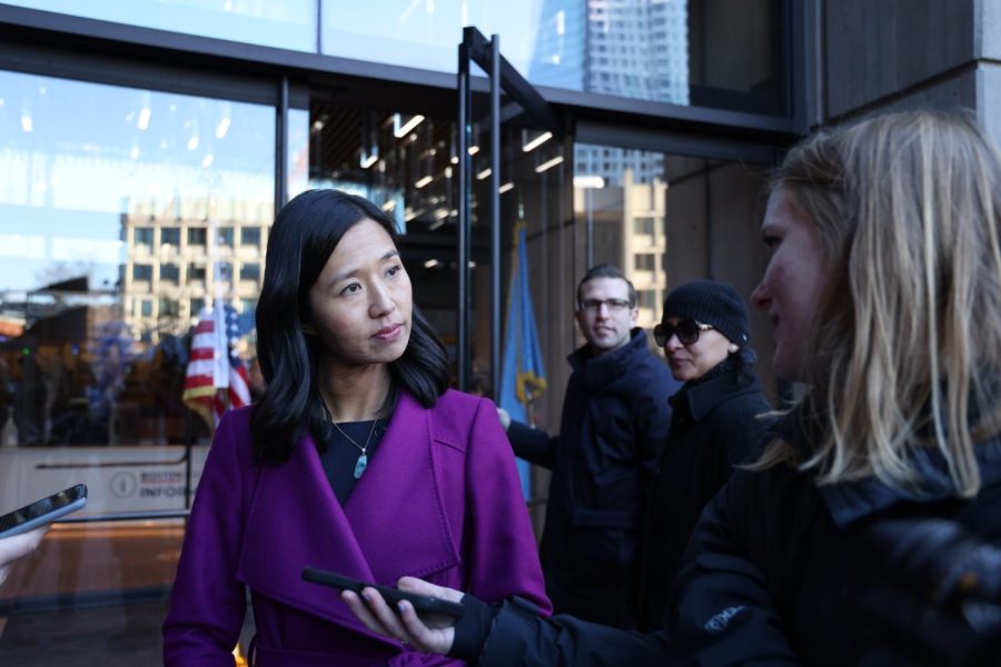 Mayor Michelle Wu answers questions after a ribbon-cutting ceremony for the reopening of City Hall Plaza on Friday, Nov. 18, 2022. (Ashlyn Wang/Beacon Staff)