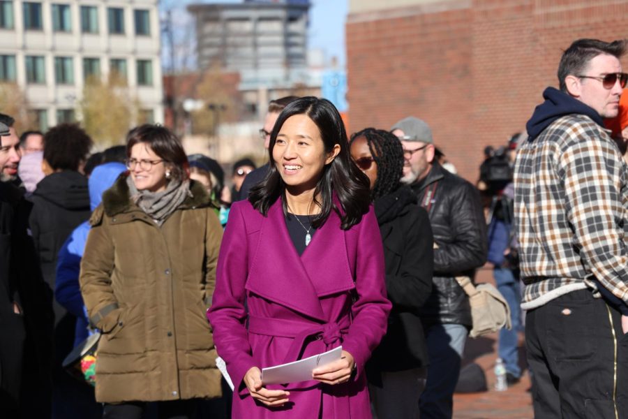 Mayor Michelle Wu at a ribbon-cutting ceremony for the reopening of City Hall Plaza on Friday, Nov. 18, 2022. (Ashlyn Wang/Beacon Staff)