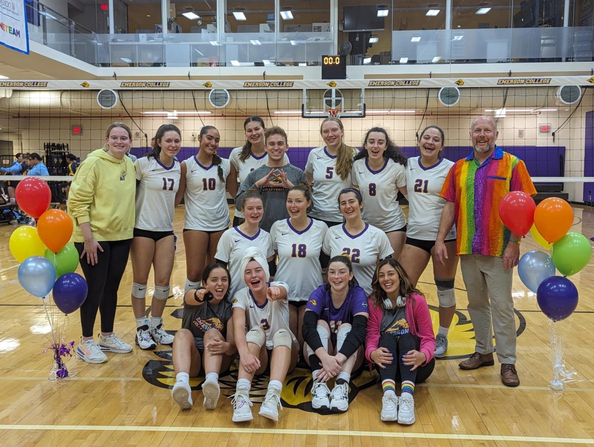 The Emerson womens volleyball team after their 3-0 win over UMass-Dartmouth.